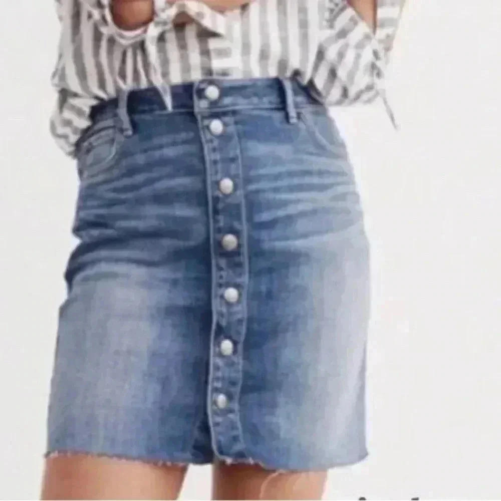 Abercrombie & Fitch High Rise Distressed Jean Skirt Womens 25 Snap Grunge Preppy